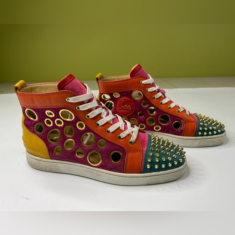 Christian Louboutin Multicolor Suede and Leather Bubble Spikes High-Top Sneakers